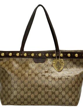 GUCCI Crystal GG 207291 Beige Dark Brown Coated Canvas Leather Tote Bag